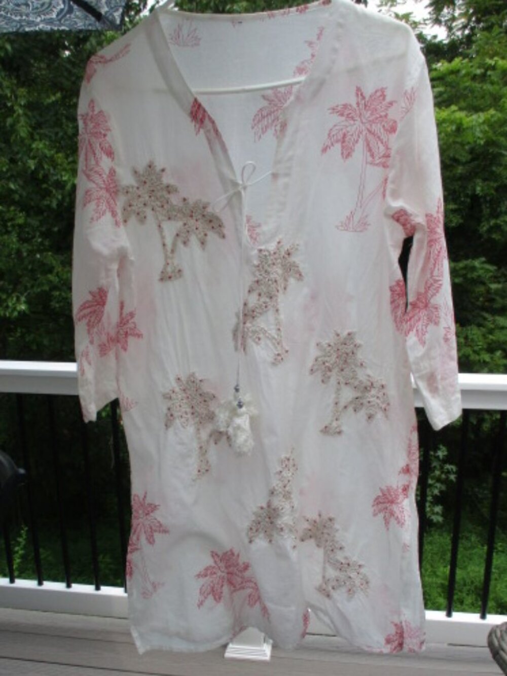 St Barth's Cotton Red palm trees with beading Beach Cover up Sz large